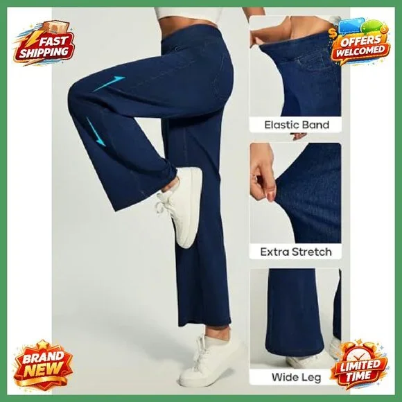 High Waist Wide Leg Pull On Jeans Stretchy Straight Leg Denim Pants